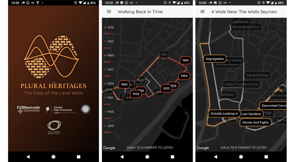 Three screen shots of an app which shows walking route on a digital map 